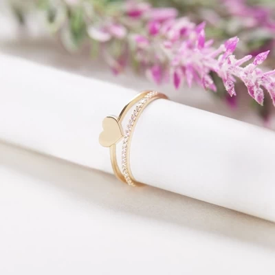 14 Karaat Geelgouden Dubbele Ring Hart En Zirkonia 5 14 Karaat Geelgouden Dubbele Ring Hart En Zirkonia - Afbeelding 3