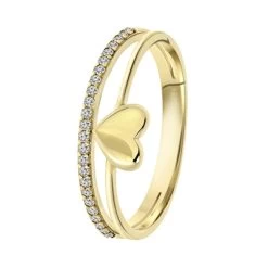 14 Karaat Geelgouden Dubbele Ring Hart En Zirkonia