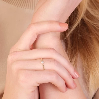 14K Geelgouden Ring 7 Diamanten 0,025ct Bolletjes. 4 14K Geelgouden Ring 7 Diamanten 0,025ct Bolletjes. - Afbeelding 2