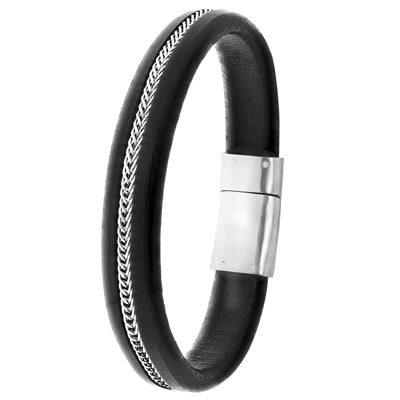 Gerecycled Stalen Armband Zwart Leer 3 Gerecycled Stalen Armband Zwart Leer