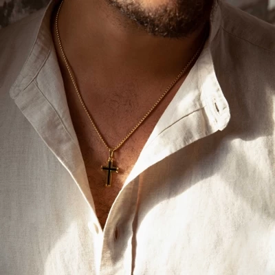 Gerecycled Stalen Goldplated Herenketting Met Hanger Kruis 4 Gerecycled Stalen Goldplated Herenketting Met Hanger Kruis - Afbeelding 2