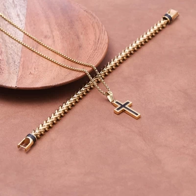 Gerecycled Stalen Goldplated Herenketting Met Hanger Kruis 7 Gerecycled Stalen Goldplated Herenketting Met Hanger Kruis - Afbeelding 5