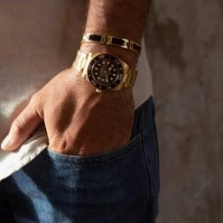 Gerecycled Stalen Gouden Herenarmband Schakel Zwarte Details -SieradenSpot Korting gerecycled stalen gouden herenarmband schakel zwarte details 1