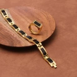 Gerecycled Stalen Gouden Herenarmband Schakel Zwarte Details -SieradenSpot Korting gerecycled stalen gouden herenarmband schakel zwarte details 4