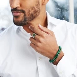 Voorkant -SieradenSpot Korting gerecycled stalen herenarmband met natuursteen malachite 1