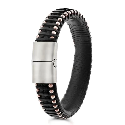 Stalen Armband Met Zwart Leer 3 Stalen Armband Met Zwart Leer