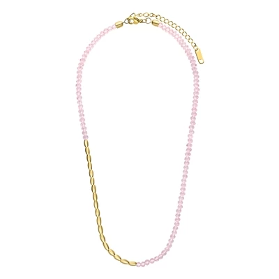 Stalen Goldplated Ketting Met Roze Kralen 4 Stalen Goldplated Ketting Met Roze Kralen - Afbeelding 2