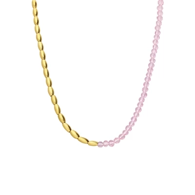 Stalen Goldplated Ketting Met Roze Kralen 3 Stalen Goldplated Ketting Met Roze Kralen