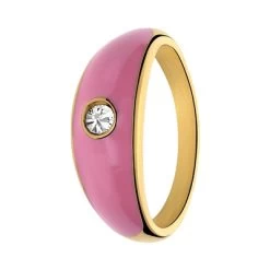 Stalen Goldplated Ring Roze Emaille Met Zirkonia