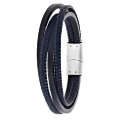 Stalen Herenarmband Donkerblauw Gevlochten Leer