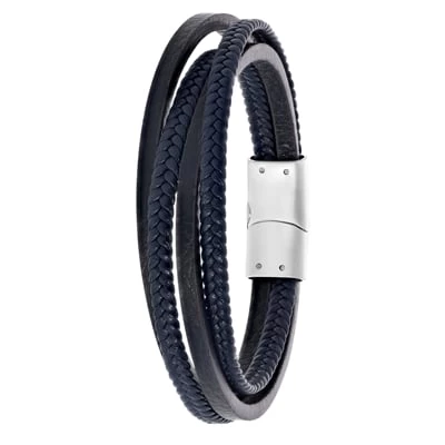 Stalen Herenarmband Donkerblauw Gevlochten Leer 3 Stalen Herenarmband Donkerblauw Gevlochten Leer