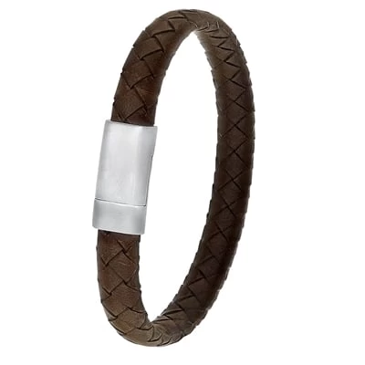 Stalen Herenarmband Gevlochten Leer Donker Bruin 3 Stalen Herenarmband Gevlochten Leer Donker Bruin