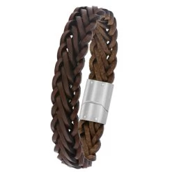 Stalen Herenarmband Gevlochten Leer Lichtbruin