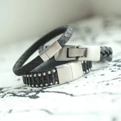 Stalen Herenarmband Gevlochten Leer Zwart -SieradenSpot Korting stalen herenarmband gevlochten leer zwart 2