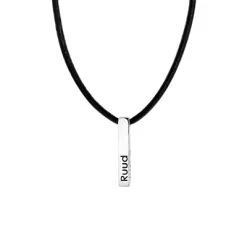 Stalen Herenketting Bar Zwart Leer Met Gravure