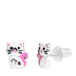 Zilveren Oorknop Poes Emaille Roze